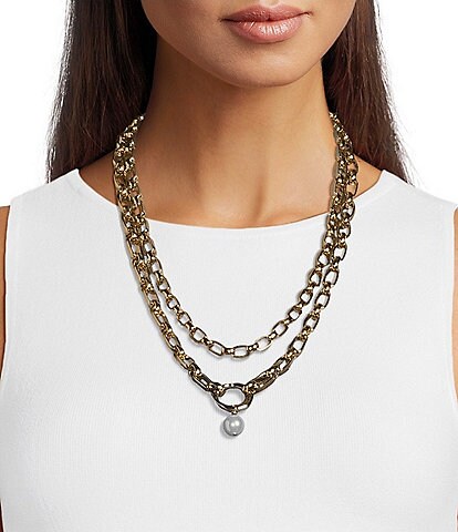 Dillard's Oval Link Chain Double Row Pearl Drop Short Pendant Necklace