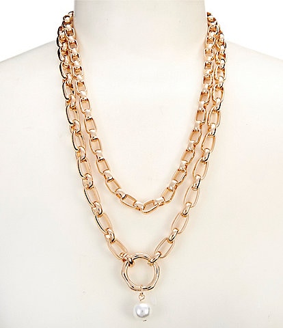 Dillard's Oval Link Chain Double Row Pearl Drop Short Pendant Necklace