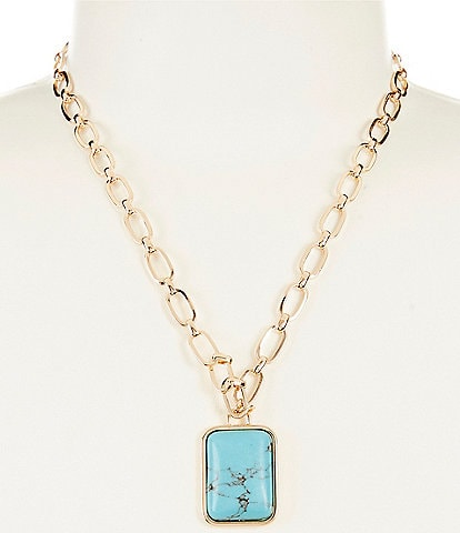 Dillard's Oval Link Chain Turquoise Stone Square Short Pendant Necklace