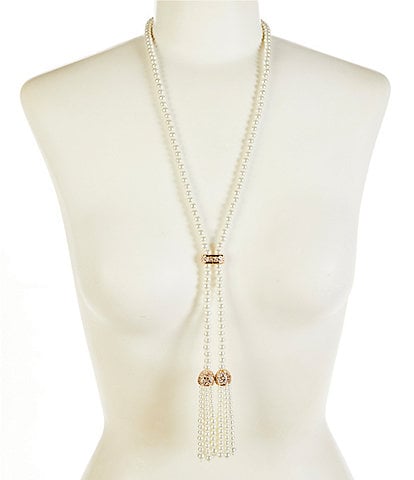 Dillard's Pearl & Crystal Pave Tassel Long Pendant Necklace