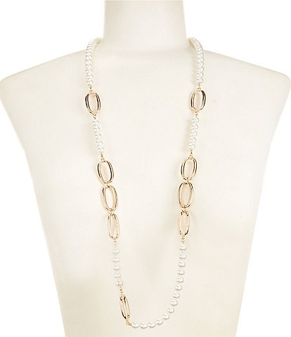 Dillard's Pearl Beaded Oval Metal Long Strand Station Necklace
