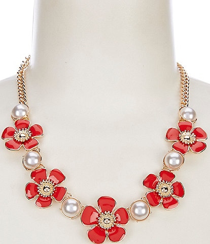 Dillard's Pearl Cab Red Enamel Flower Frontal Collar Necklace