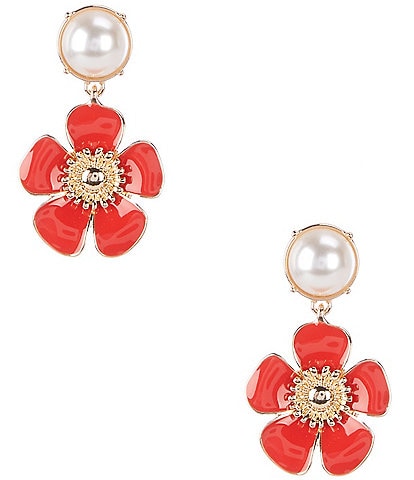 Dillard's Pearl Cab Stud Red Enamel Flower Drop Earrings