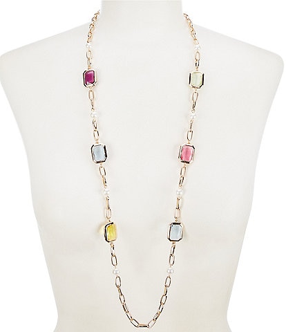 Dillard's Square Multi Resin Stone w/ Pearl Station Long Strand Necklace