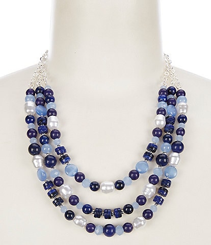 Dillard's Three Row Multi Blue Bead Short Multi Strand Necklace