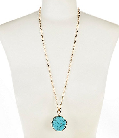 Dillard's Wobbly Metal Edge Turquoise Stone Long Pendant Necklace