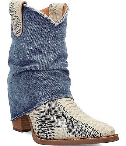 Dingo Denim Dream Snake Print Leather Denim Cuff Western Booties