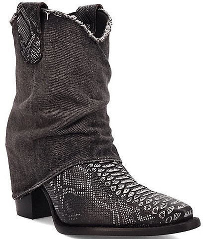 Dingo Denim Dream Snake Print Leather Denim Cuff Western Booties