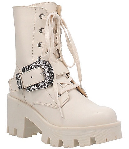 Dingo Double Down Leather Platform Buckled Strap Lace-Up Booties
