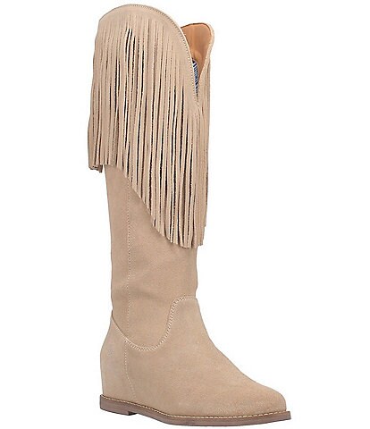Dingo Hassie Suede Fringed Collar Hidden Wedge Tall Western Boots