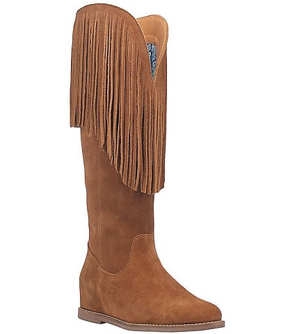 Dingo Hassie Suede Fringed Collar Hidden Wedge Tall Western Boots