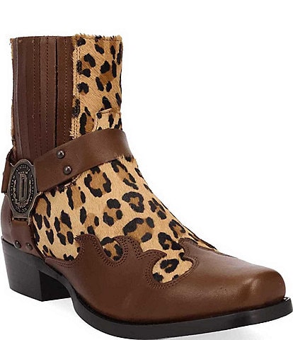 Dingo Men's Bandit Leopard Print Suede and Leather Coin Harness Western Ankle Boots