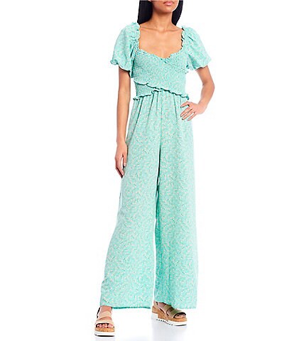 Ditsy Print Short Sleeve Smocked Cross Front Jumpsuit