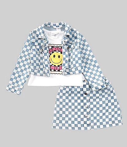 Diva Girl Little Girls 4-6X Long Sleeve Checked Jacket & Matching Skirt & Short-Sleeve Smiley Face T-Shirt Set