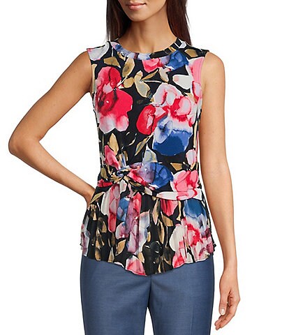 DKNY Abstract Floral Printed Sleeveless Banded Crew Neck Side Knot Pleat Hem Knit Top