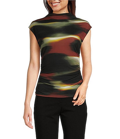 DKNY Abstract Print Jersey Sleeveless Funnel Neck Ruched Top