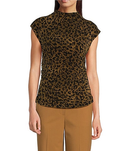 DKNY Animal Print Jersey Sleeveless Funnel Neck Ruched Top