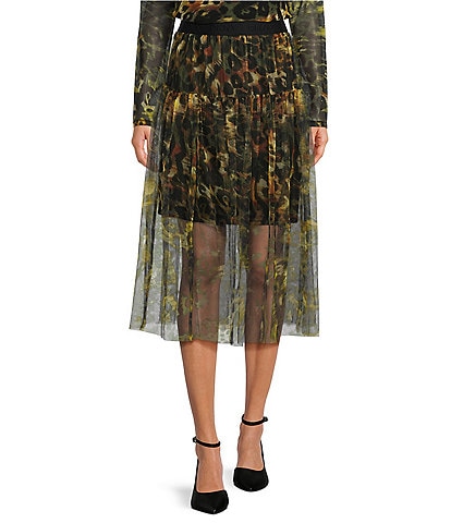 DKNY Animal Print Tulle Overlay A-Line Midi Skirt