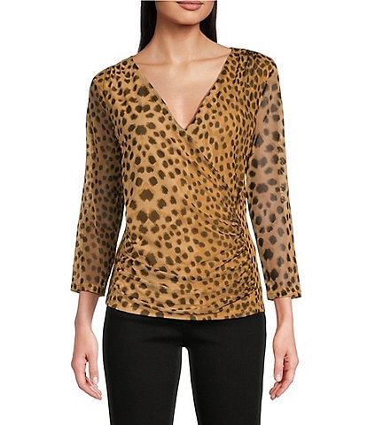 DKNY by Donna Karan Animal Printed Mesh 3/4 Sleeve Faux Wrap Top