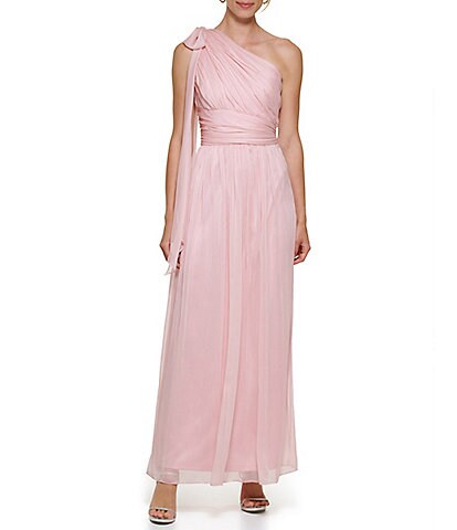 DKNY Asymmetrical One Shoulder Bow Detailed Ruched Gown