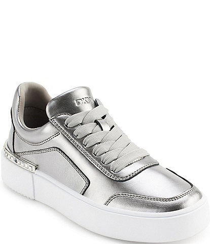 DKNY by Donna Karan Beverley Metallic Leather Lace Up Platform Sneakers