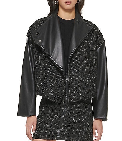 DKNY Boucle Tweed Long Sleeve Zip Front Moto Jacket