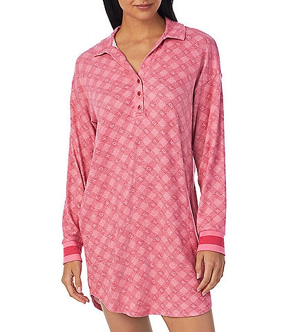 DKNY Brushed Jersey Knit Long Sleeve Notch Collar DKNY Checkered Print Nightshirt