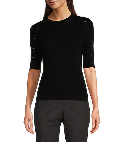 DKNY Button Detailed Elbow Sleeve Sweater Knit Top