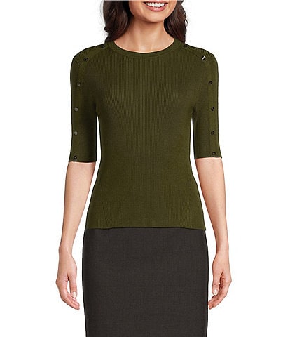 DKNY Button Detailed Elbow Sleeve Sweater Knit Top