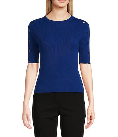 DKNY by Donna Karan Button Detailed Elbow Sleeve Sweater Knit Top