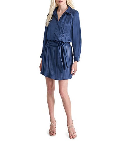 DKNY by Donna Karan Button Down Collar Neck Long Sleeve Pleated Tiw Front Smock Back Mini Dress