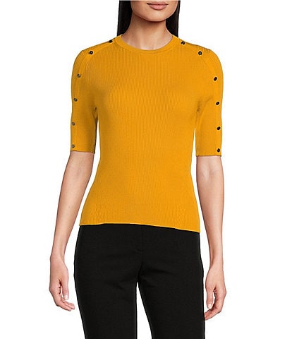 DKNY Buttoned Elbow Sleeve Sweater Knit Top