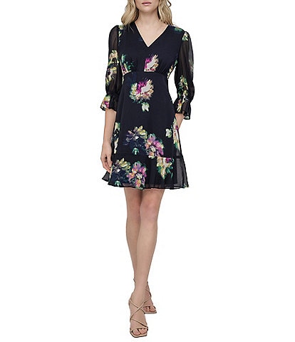 DKNY by Donna Karan 3/4 Sleeve Floral Print Fit and Flare Dress
