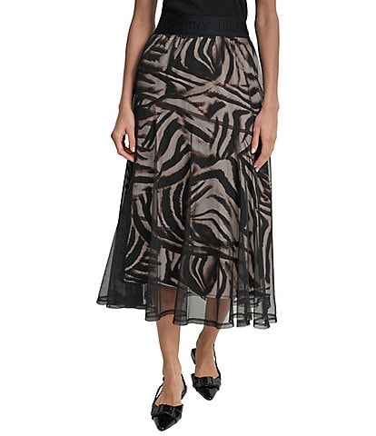 DKNY by Donna Karan Blurred Zebra Mesh Overlay A-Line Midi Skirt