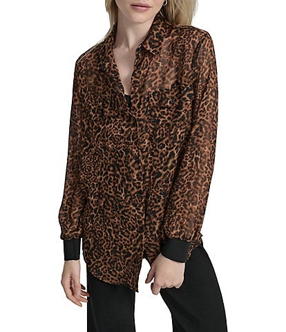 DKNY by Donna Karan Cheetah Print Crinkle Chiffon Long Sleeve Collared Button Front Blouse