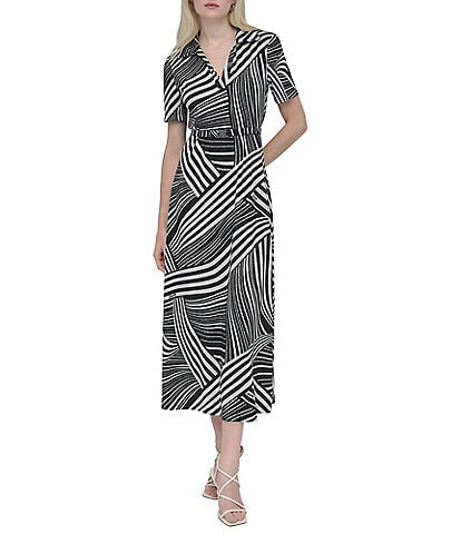 DKNY by Donna Karan Collared V-Neck Short Sleeve Midi Shirt Dress