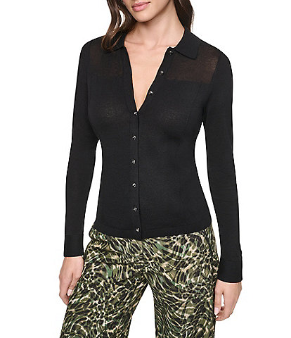 DKNY by Donna Karan Color Block Point Collar Long Sleeve Button Down Sweater Top