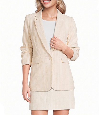 DKNY by Donna Karan Coordinating Jacquard Notch Lapel 3/4 Ruched Sleeve One Button Front Jacket