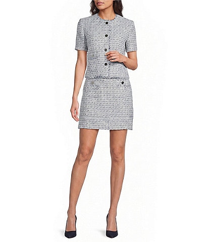 DKNY by Donna Karan Coordinating Tweed Crew Neck Short Sleeve Button Front Jacket