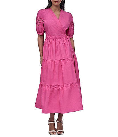 DKNY by Donna Karan Cotton Poplin Puff Sleeve Tiered Midi Wrap Dress