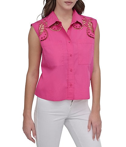 DKNY by Donna Karan Cotton Poplin Sleeveless Button Front Top