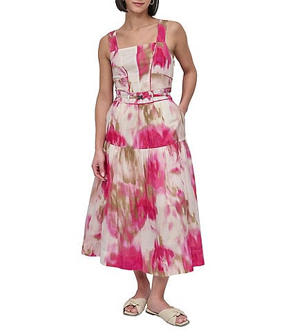 DKNY by Donna Karan Cotton Square Neck Sleeveless Belted Midi Dress