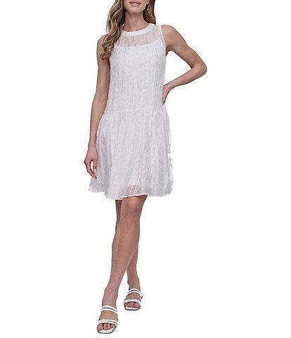 DKNY by Donna Karan Crew Neck Sleeveless Satin Shift Dress