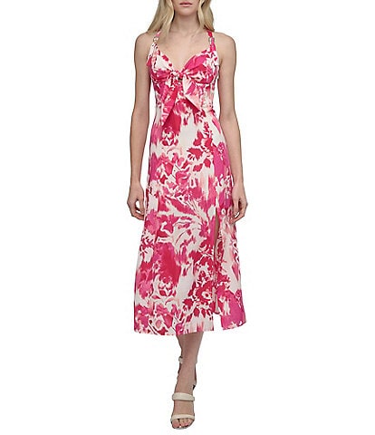 DKNY by Donna Karan Floral Print Bow Front Midi Dress