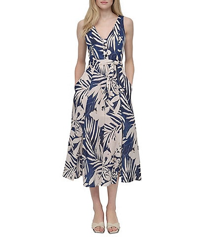 DKNY by Donna Karan Floral Print V-Neck A-Line Midi Dress