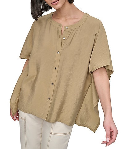 DKNY by Donna Karan Flowy Rumpled Voile Button Front Top