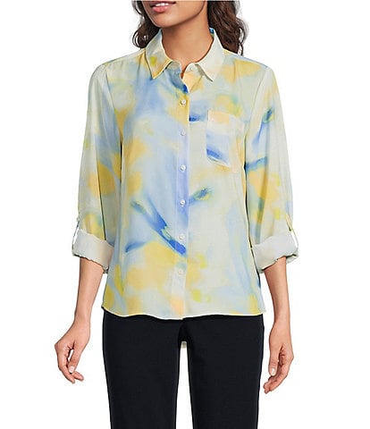 DKNY by Donna Karan Georgette Point Collar 3/4 Roll-Tab Sleeve Button Front Shirt