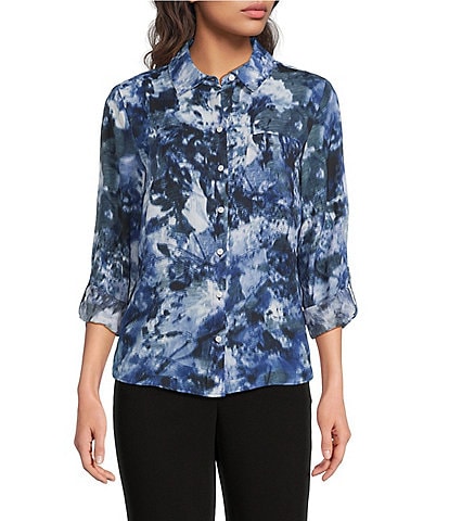 DKNY by Donna Karan Georgette Point Collar Long Roll-Tab Sleeve Button Front Shirt