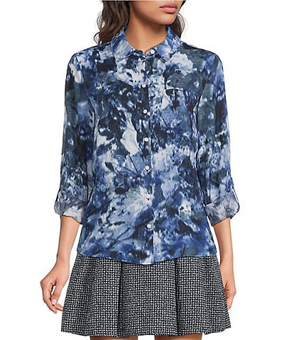 DKNY by Donna Karan Georgette Point Collar Long Roll-Tab Sleeve Button Front Shirt