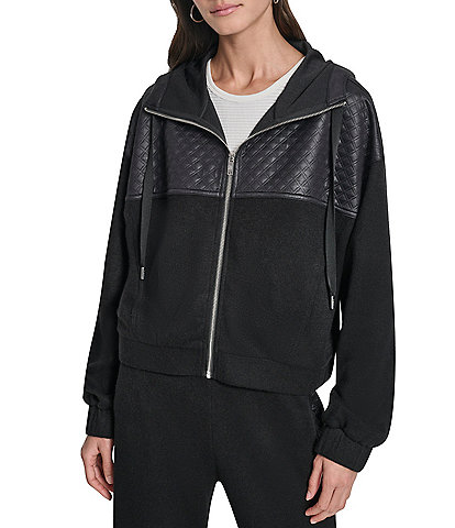 DKNY by Donna Karan Hacci Mare Mixed Media Hooded Zip Front Jacket
